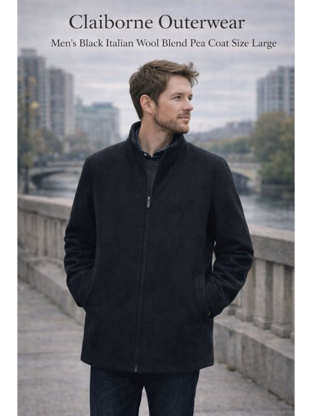 Claiborne Men's Black Italian Wool Blend Jacket Large Full Zip Minimalist Preppy